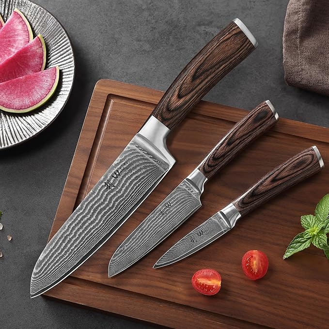 Wakoli EDIB Chef Knife Set 3-Piece – Japanese Style Damascus Kitchen Knives | Genuine Damascus Steel Blades with VG10 Core | Ergonomic Pakkawood Handles | Professional Knife Set in Wooden Gift Box