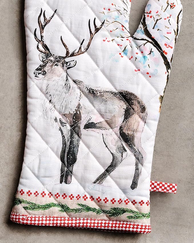 Maison d' Hermine 100% Cotton Oven Mitt & Pot Holder Set (7.5"x13" & 8"x8") Heat Resistant BBQ Cooking Gloves with Loop, Baking, Grilling, Kitchen, Handling Hot Pans (Rural Christmas)