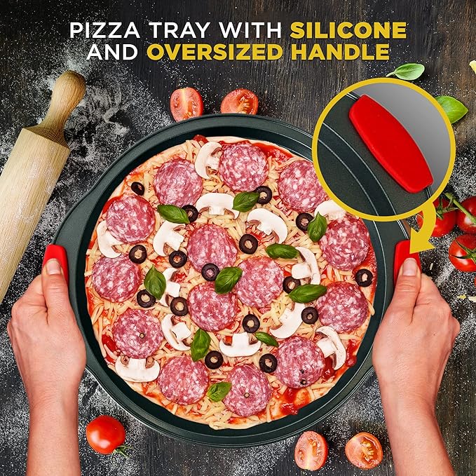 NutriChef 13-Inch Nonstick Pizza Tray - 12 PACK, Round Carbon Steel with Perforated Holes, Silicone Grip Handles, Dishwasher Safe, PFOA Free Bakeware