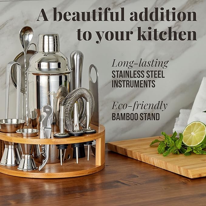 Mixology & Craft Bartender Kit – 15-Piece Cocktail Shaker Set with Bar Tools, Premium Stainless Steel Drink Mixer Accessories for Home Bar, Includes Bamboo Stand, Plus Exclusive Recipe Cards (Black)