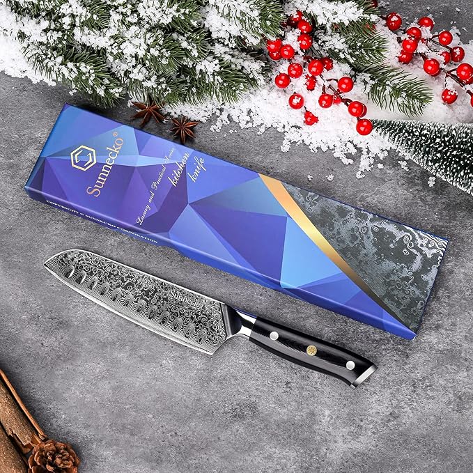 Sunnecko Damascus Chef Knife Japanese Santoku Knife 7 Inch Chopping Knife Vegetables, High Carbon Stainless Steel Knife with Gift Box