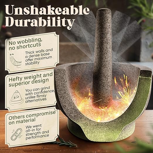 ChefSofi Extra Large 8 Inch 5 Cup-Capacity Mortar and Pestle Set - One Huge Mortar and Two Pestels: 8.5 inch and 6.5 inch - Unpolished Heavy Granite for Enhanced Performance and Organic Appearance