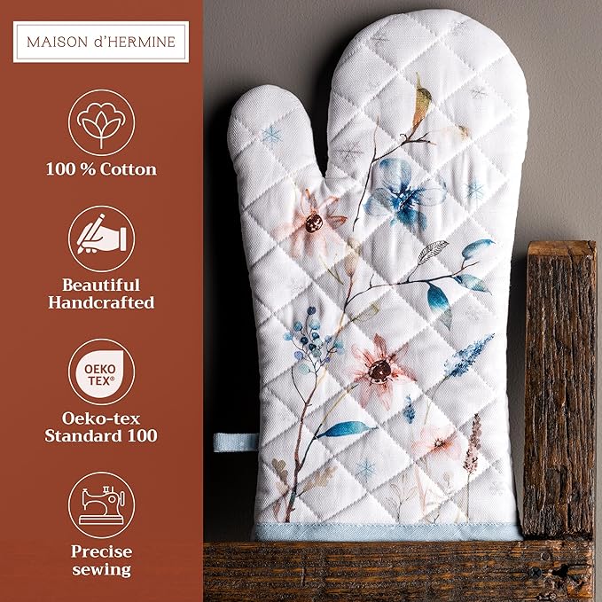 Maison d' Hermine Oven Gloves 100% Cotton Oven Mitt 7" x 13" with Loop Heat Resistant, BBQ, Cooking Gloves, Baking, Grilling, Kitchen, Handling Hot Pans (Pack of 1, Ice Florals)