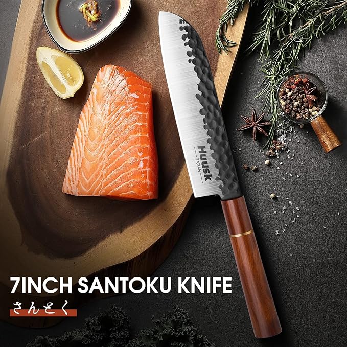 Huusk Japan Knife, 7 Inch Santoku Kitchen Knife, Professional Japanese Chefs Knife Hand Forged High Carbon Steel Sharp Chopping Knife, Ergonomic Rosewood Handle, for Meat, Fish, Gift for Dad
