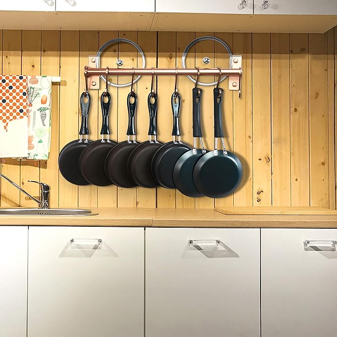 Dseap Kitchen Utensil Holder Hanger, Pot and Pan Rack Wall Mounted, Kitchen Rail with 8 Hooks for Hanging Cooking Utensils, Mugs, Spoons, Wall Mounted, Rose Gold