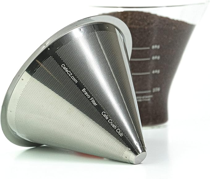 Reusable Coffee Filter for Pour Over Coffee Maker | Dual Layered Pour Over Mesh Filter with Glass Rest | Stainless Steel Coffee Filter & Glass Measuring Cup