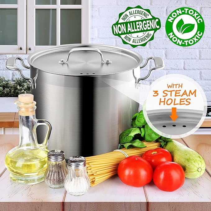 NutriChef 12-Quart Stainless Steel Stockpot with Stainless Steel Lid - 18/8 Food Grade Heavy Duty Large Stock Pot for Stew & Soup, Works w/Induction