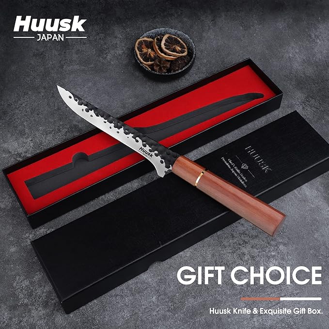 Huusk Boning Knife for Meat Cutting, 7 Inch Fillet Knife Hand Forged Carbon Steel Butcher Knife, Brisket Trimming Knife for Meat and Poultry Fish with Rosewood Handle Gift Box