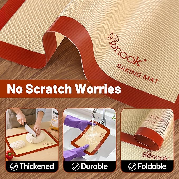 RENOOK Silicone Baking Mats, 3PACK Reusable Non-stick Baking Mats for Cookies, Easy Clean & Non-Slip Food Grade, 16.5’’ x 11.6’’ Baking Sheets for Cookies, Bread and Pastry, Baking Supplies for Oven