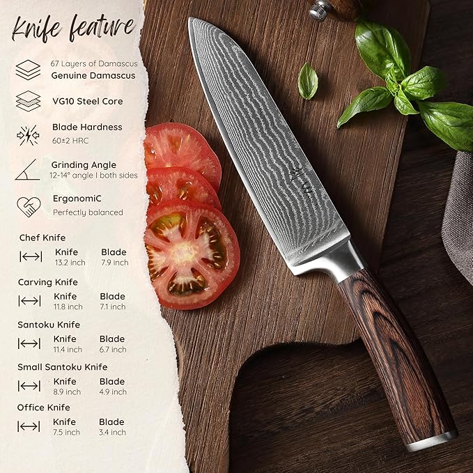 Wakoli EDIB 5-Piece Damascus Knife Set – Japanese Style Professional Kitchen Knives | Genuine Damascus Steel Blades with VG10 Core | Ergonomic Pakkawood Handles | Premium Chef Knife Set