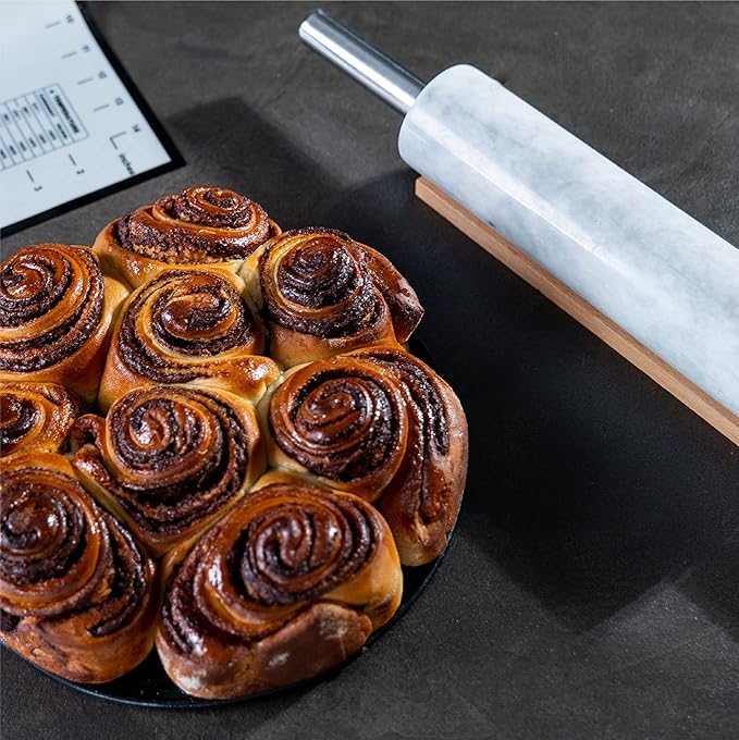 White Marble Rolling Pin with Stainless Steel Handles Baking Set - Silicone Baking Mat, Bench Scraper, Wooden Base