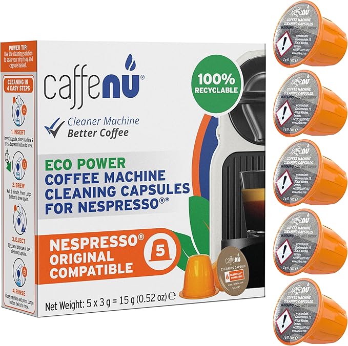 Nespresso Compatible Cleaning Pods. 5 Cleaner Capsules. Improved Coffee Flavor. For Nespresso Originaline, Use with Descaling Kit.