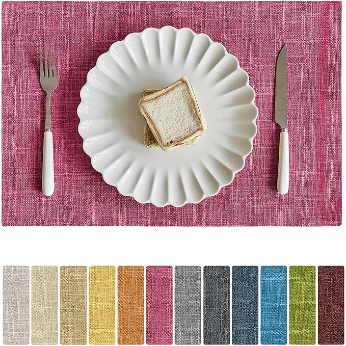 Softalker Faux Linen Placemats Set of 12-12 x 18 Inch, Heat Resistant Double Layered Durable Burlap Farmhouse Place Mats, Non-Slip Washable Rustic Table Mats for Dining, Kitchen, Party(Pink