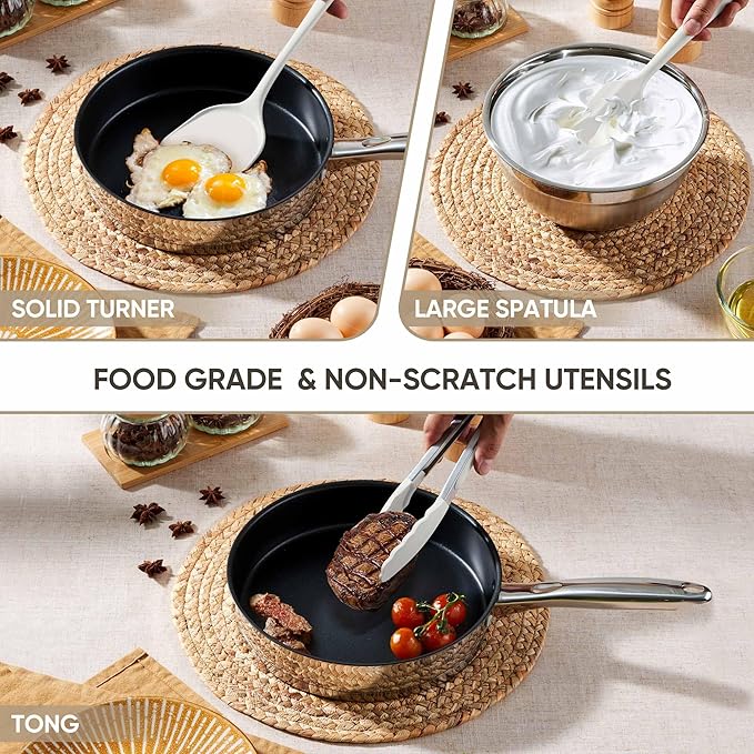 Herogo Silicone Cooking Utensils Set, 7-Piece Kitchen Utensils Set, Heat Resistant Cooking Gadget Tools Slotted Turner, Spoon, Soup Ladle, Pasta Server, Spatula, Tongs for Nonstick Cookware, White