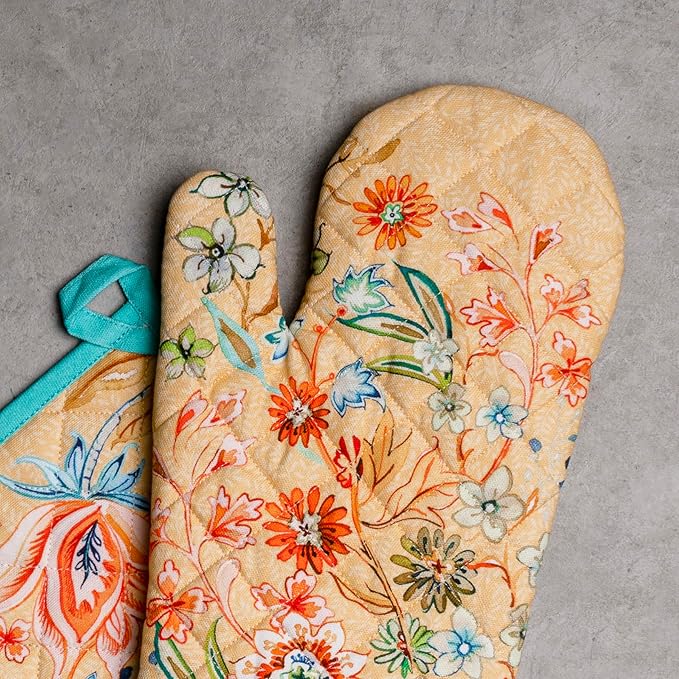 Maison d' Hermine 100% Cotton Oven Mitt & Pot Holder Set (7.5"x13" & 8"x8") Heat Resistant BBQ Cooking Gloves with Loop, Baking, Grilling, Kitchen, Handling Hot Pan Spring/Summer (Luxury Loft – Peach)