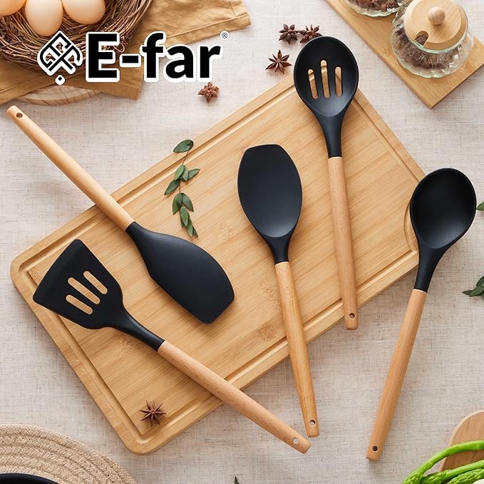 E-far Silicone Cooking Utensils Set, 5-Piece Black Kitchen Utensils Set with Wooden Handle for Cooking, Silicone Kitchen Nonstick Tools Spatula Turner Slotted Spoons, Nontoxic & Heat Resistant-Black