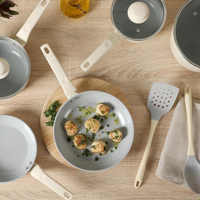 Gibson Home Barnsdall 10 Piece Premium PFA Free Ceramic Nonstick Pots and Pans Aluminum Induction Cookware Set W/Kitchen Tools - Linen White/Grey Non Stick