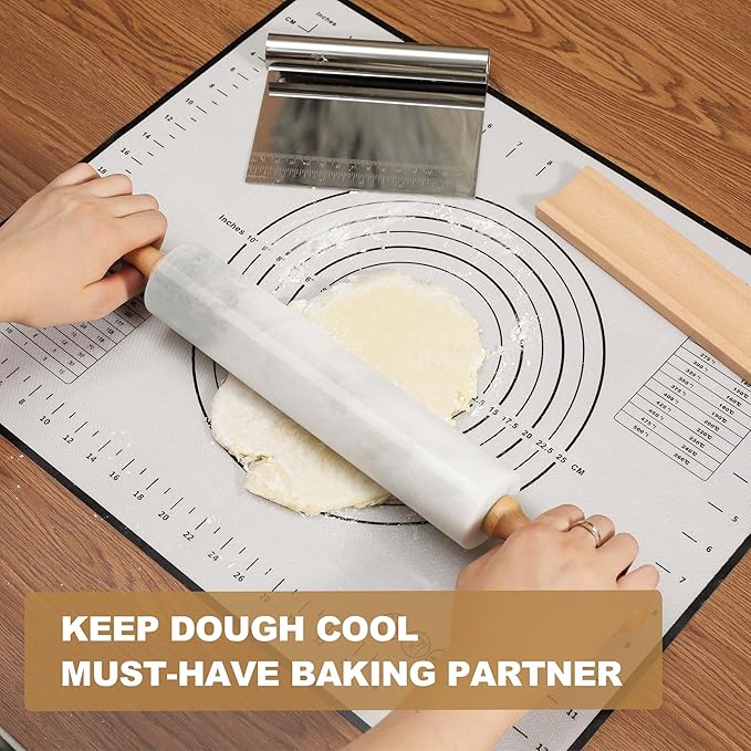 Koville African Natural Marble Rolling Pin, Non-Stick Polished Dough Roller, Pasta, Dumpling, Fondant, Pie Crust, Bread, Pizza Dough, Kitchen Baking Pastry Tools with Mat/Scraper(Namib Fantasy)