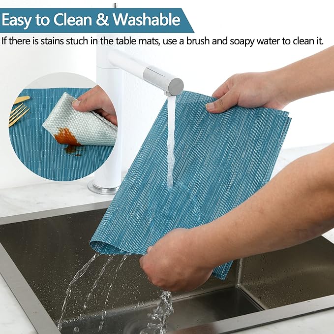 Vinyl Placemats Set of 6 - Easy Clean Place Mats - Washable Heat Resistant Table Mats for Dining Table - 17x12 Inch (Sky Blue Turquoise, 6)