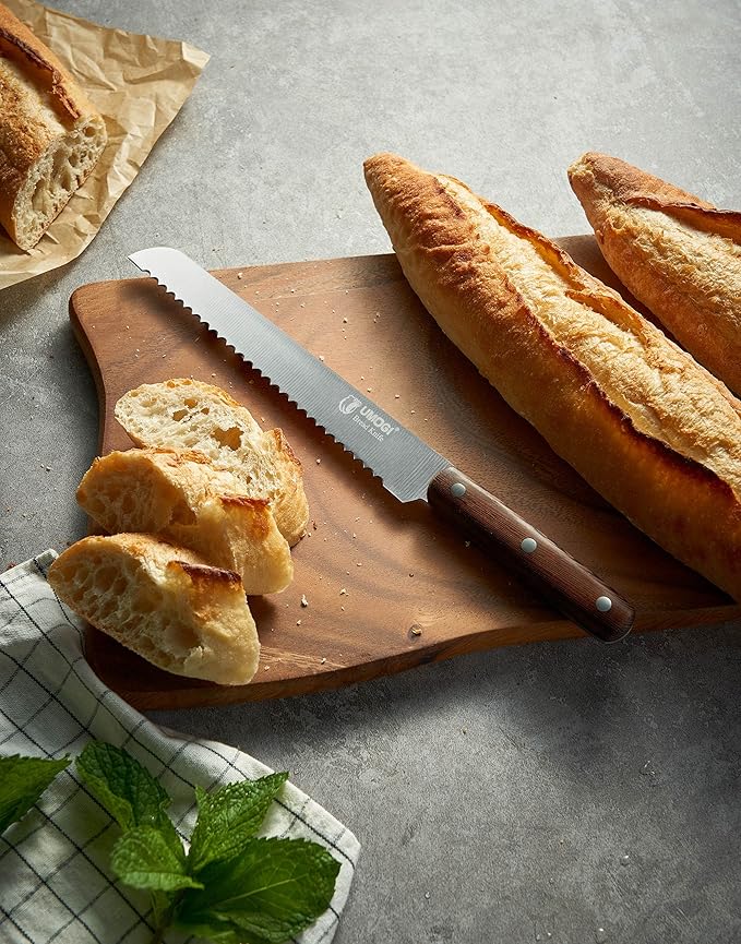 Bread Knife 8 Inch with Sheath - German High Carbon Stainless Steel, Ergonomic Grip Full Tang Wood Handle - Serrated Edge Home Kitchen Knife for Bread Tomatoes & Cake