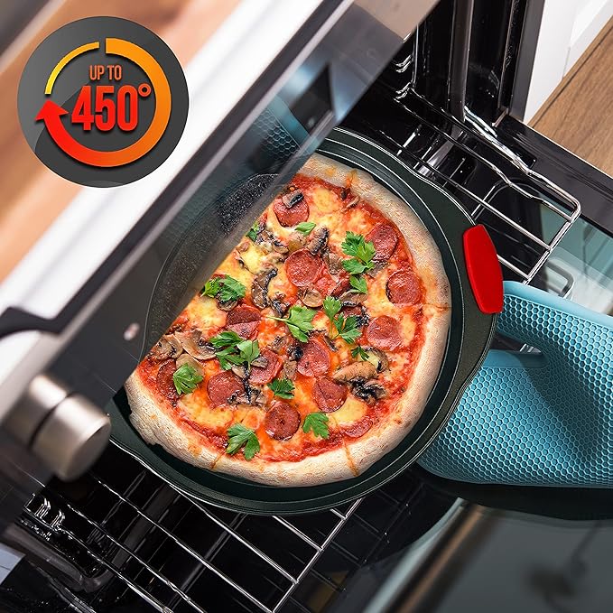 NutriChef 13-Inch Nonstick Pizza Tray Set of 20 Pcs- Carbon Steel Round Pan with Perforated Holes & Silicone Grip Handles - Dishwasher Safe Premium Bakeware