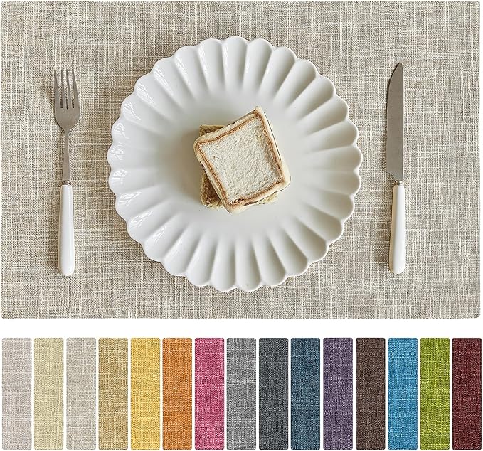 Softalker Faux Linen Placemats Set of 4-12 x 18 Inch, Heat Resistant Double Layered Durable Burlap Farmhouse Place Mats, Non-Slip Washable Rustic Table Mats for Dining, Kitchen, Party(Beige