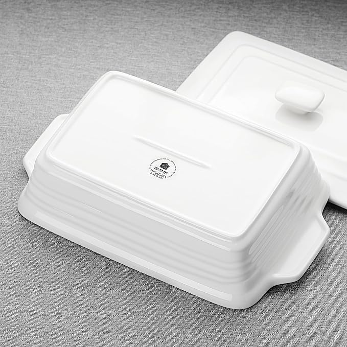 MALACASA 4.4 Quart Baking Dish With Lid, Porcelain Casserole dish with Lid, 13 x 9 Lasagna Pan Deep with Lid, Rectangular Bakeware With Handle, Microwave, Oven Safe, White, Series BAKE