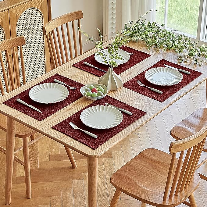 Softalker Faux Linen Placemats Set of 8-12 x 18 Inch, Heat Resistant Double Layered Durable Burlap Farmhouse Place Mats, Non-Slip Washable Rustic Table Mats for Dining, Kitchen, Party(Red