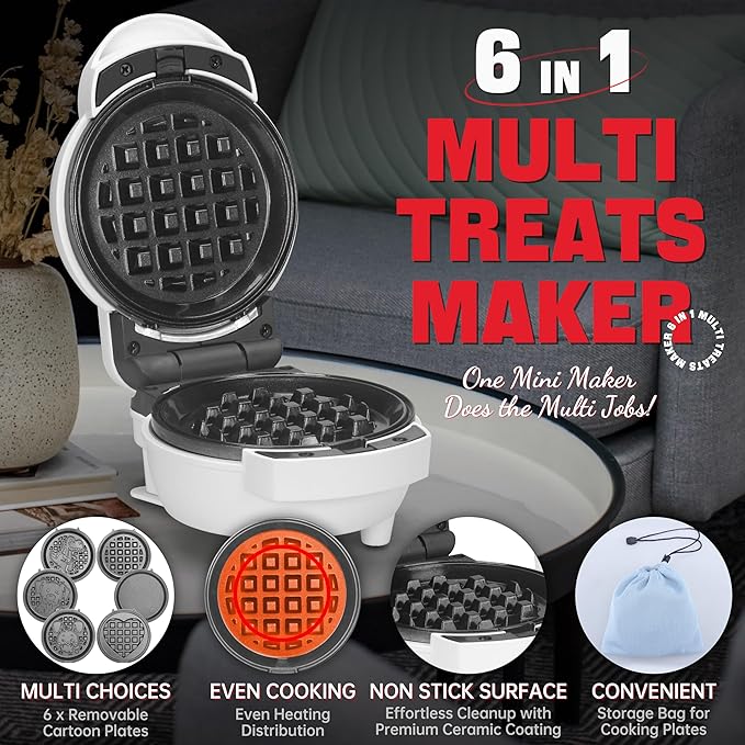 6-in-1 Mini Waffle Maker With Removable Plates, 4.5'' Mini Waffle Iron for Holidays, Parties & Events Waffle Maker Machine, 8 Plates with Premium Ceramic Coating, White