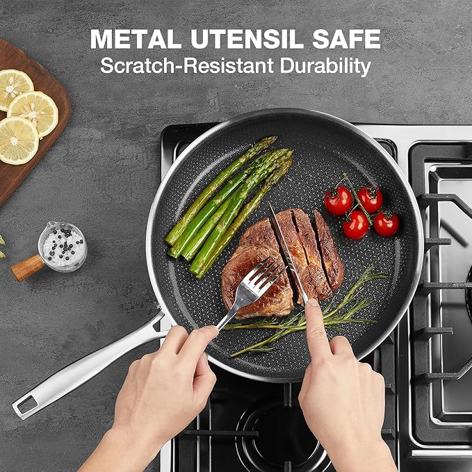 PekGema Nonstick Frying Pan 10 inch, Hybird Ceramic Frying Pan, Stainless Steel Skillet, Non-stick Oven-Safe Chef Pan, Induction Ready, PFOA PFAS FREE Cookware