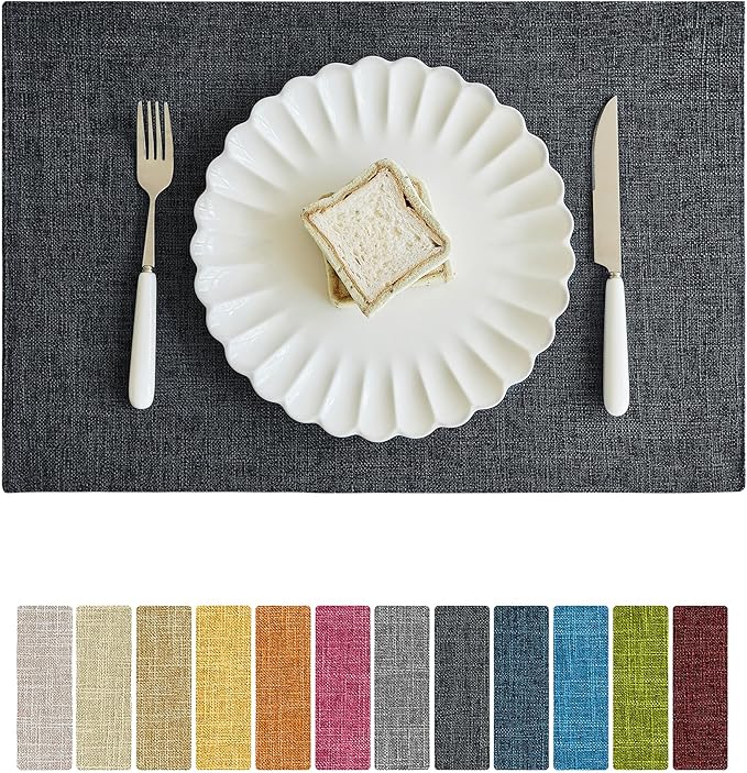 Softalker Faux Linen Placemats Set of 8-12 x 18 Inch, Heat Resistant Double Layered Durable Burlap Farmhouse Place Mats, Non-Slip Washable Rustic Table Mats for Dining, Kitchen, Party(Dark Grey