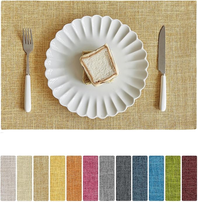 Softalker Faux Linen Placemats Set of 8-12 x 18 Inch, Heat Resistant Double Layered Durable Burlap Farmhouse Place Mats, Non-Slip Washable Rustic Table Mats for Dining, Kitchen, Party(Khaki