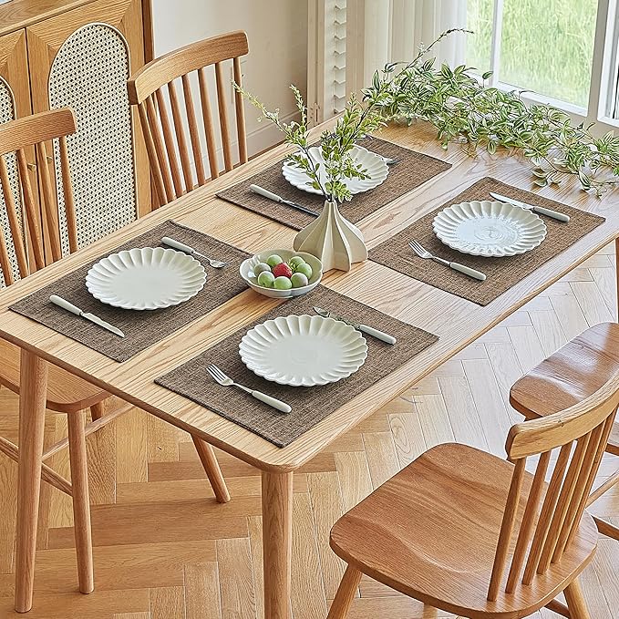 Softalker Faux Linen Placemats Set of 8-12 x 18 Inch, Heat Resistant Double Layered Durable Burlap Farmhouse Place Mats, Non-Slip Washable Rustic Table Mats for Dining, Kitchen, Party(Brown