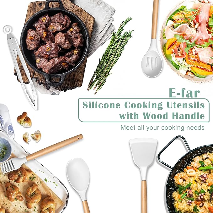 E-far White Cooking Utensils Set with Holder, 25-Piece Silicone Kitchen Utensil Set with Wooden Handle for Nonstick Cookware, 446°F Heat Resistant Kitchen Tool Spatula Tongs Whisk, Non-toxic & Healthy