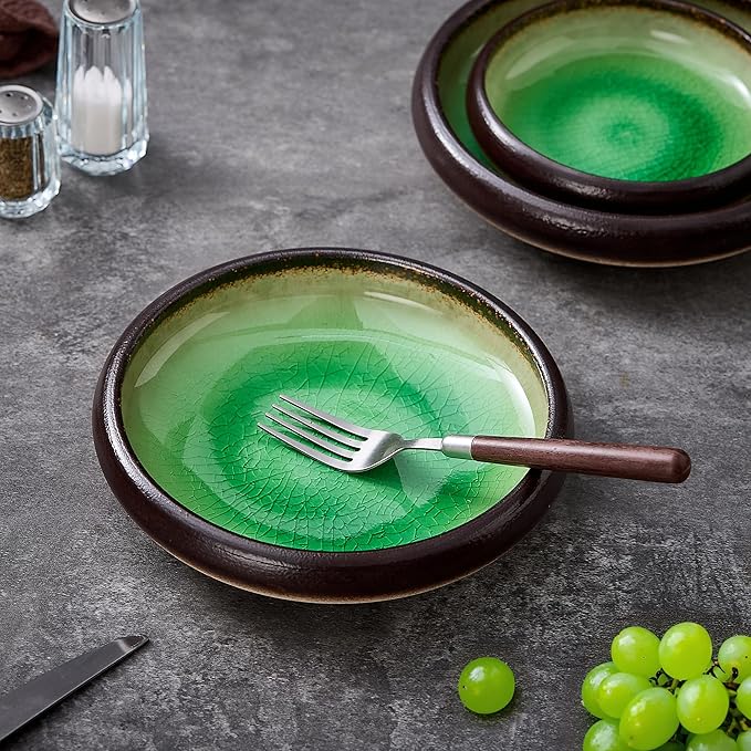 Ceramic Dinner Plates Set of 4, 8 Inch Large Porcelain Pasta and Salad Plates, Stoneware Plate Set for 4, Handmade Round Dishes for Home Decor, Microwave,Oven,and Dishwasher Safe, Green