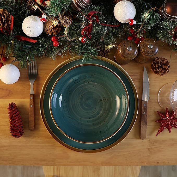 ONEMORE Porcelain Salad Pasta Bowls 30 Ounce, Set of 6 Ceramic Salad Dinner plates Bowls, Shallow & Wide Serving Bowls for Soup, Dessert, Pizza. Microwave & Dishwasher Safe Kitchen Dinnerware, Teal