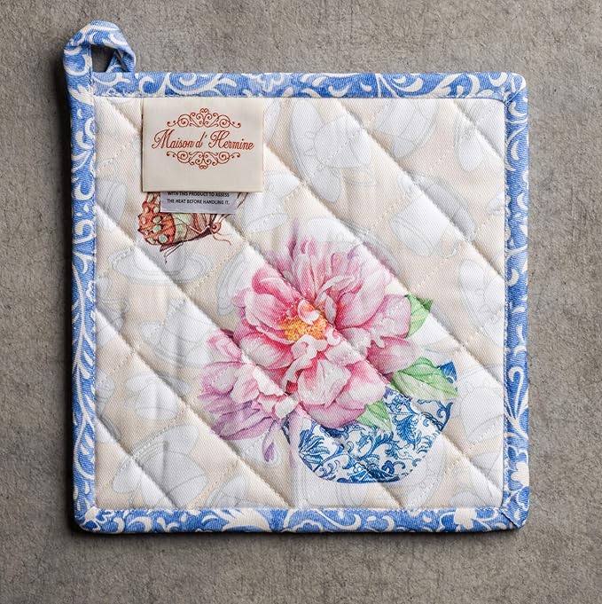 Maison d' Hermine Pot Holders Set 100% Cotton Heat Resistant Potholders 8" x 8" Hot Pads with Loop BBQ, Cooking, Baking, Grilling, Kitchen, Handling Hot Pans Spring/Summer (Pack of 2, Canton)