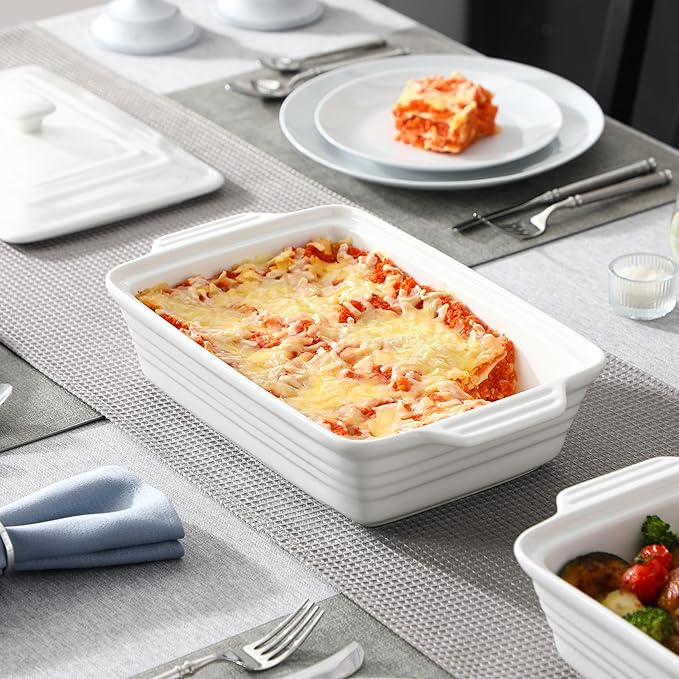 MALACASA 4.4 Quart Baking Dish With Lid, Porcelain Casserole dish with Lid, 13 x 9 Lasagna Pan Deep with Lid, Rectangular Bakeware With Handle, Microwave, Oven Safe, White, Series BAKE
