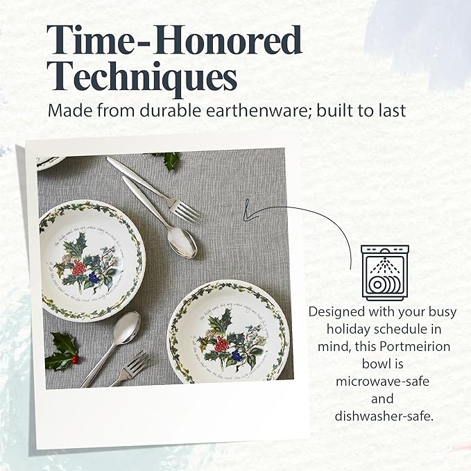 Portmeirion Holly and Ivy 8-Inch Serving Bowls (Set of 4) - Holiday Earthenware for Christmas Feasts, Ideal for Pasta, Soups, Desserts - Oven, Microwave, Freezer, Dishwasher Safe - Seasonal Tableware