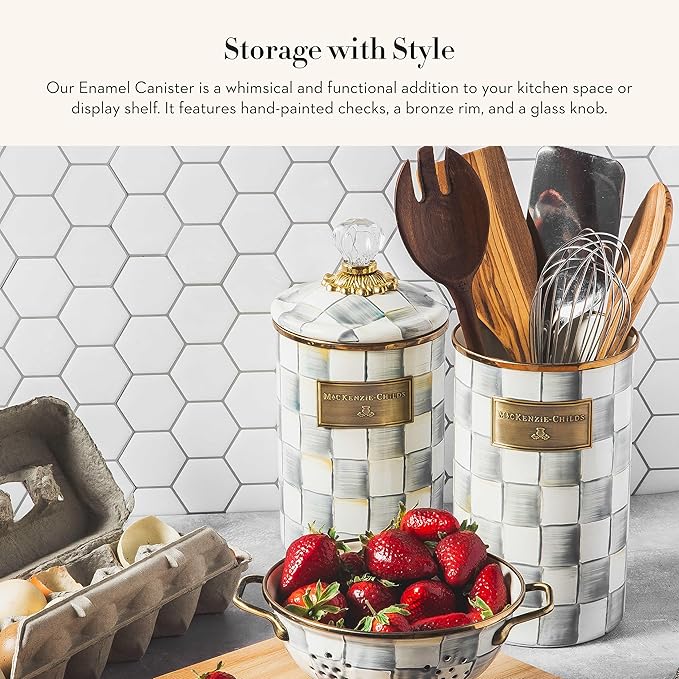 MACKENZIE-CHILDS Large Enamel Canister, Kitchen Storage Container for Flour and Sugar, 1.89 Liters, Grey-and-White Sterling Check