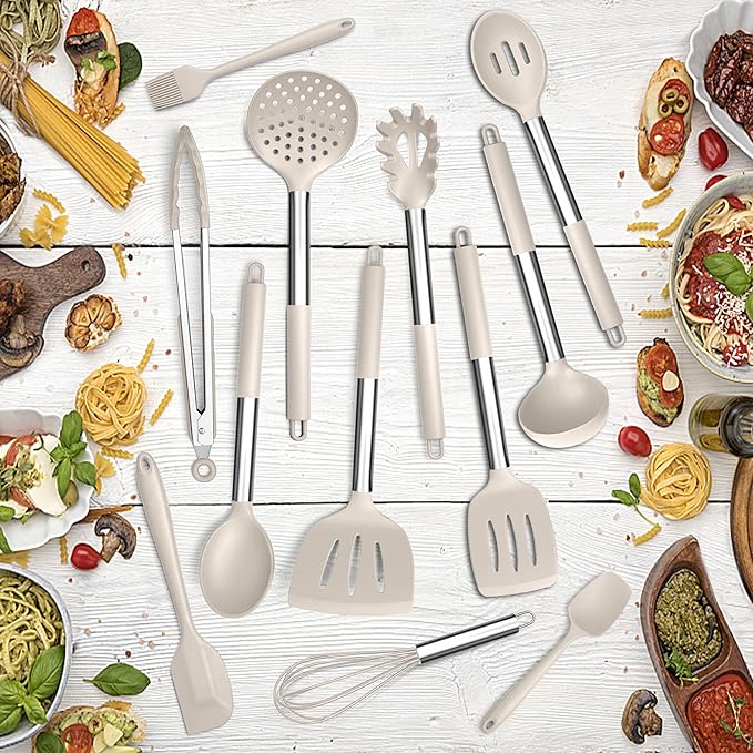 E-far Silicone Cooking Utensils Set, 30 Pcs Heat Resistant Kitchen Utensils with Stainless Steel Handle, Heat Resistant Kitchen Spatulas Turner Tong Spoon Whisk Ladle for Nonstick Cookware, Khaki