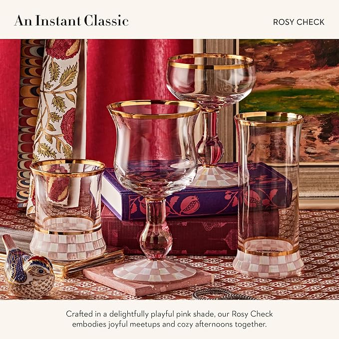 MACKENZIE-CHILDS Highball Glasses, Tall Drinking Glasses with Gold Rims, 15 Ounces, Set of 2, Pink-and-White Rosy Check