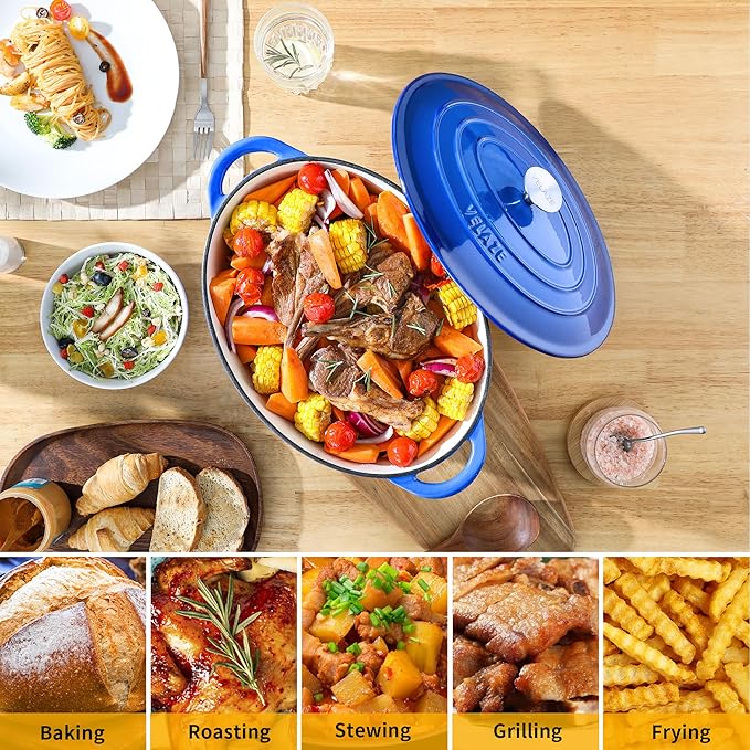 Velaze 7.5 QT Enameled Oval Dutch Oven Pot with Lid, Cast Iron Dutch Oven with Dual Handles for Bread Baking, Cooking, Frying, Non-stick Enamel Coated Cookware(Blue)