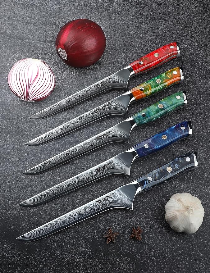 7 inch Fillet Knife, VG10 Damascus Steel Fish Boning Knife with Resin Handle - Xuan Series (Sapphire Blue)