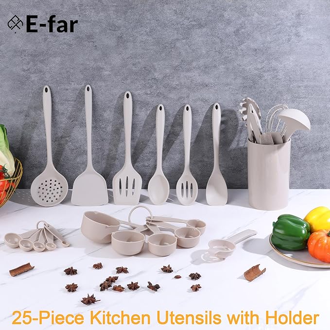 E-far Silicone Cooking Utensils Set, 25 Piece Kitchen Utensils with Holder, Non Toxic Kitchen Tools Spatula, Turner, Spoon, Ladle, Heat Resistant & Dishwasher Safe - Khaki