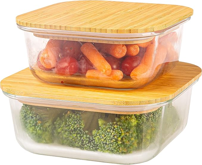 Crutello Glass Storage Containers with Bamboo Lids - Eco-Friendly Non Toxic Meal Prep Jars with Wooden Lid for Fridge and Kitchen Organization - Non Plastic Container for Fruit Bowls 2 Pack