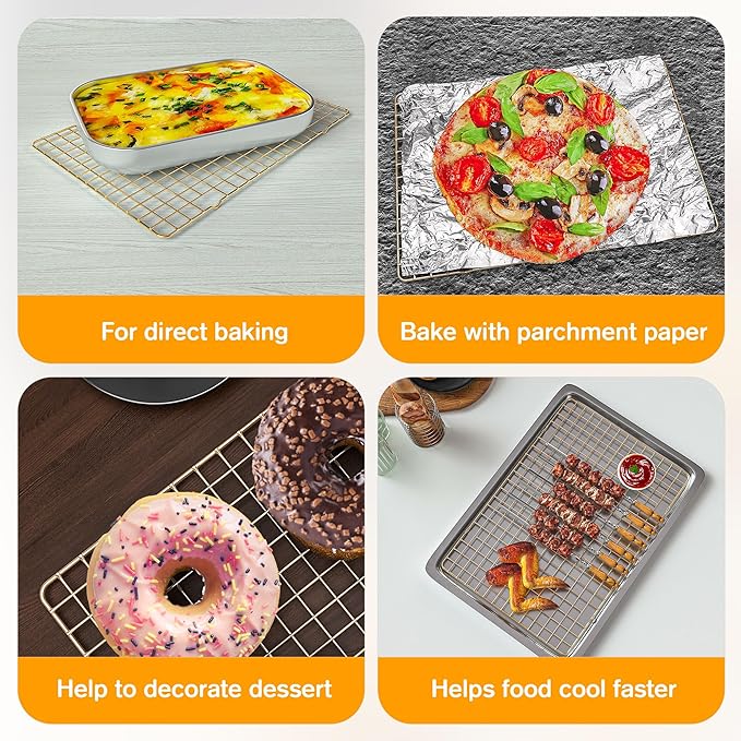 2-Pack Cooling Racks for Cooking and Baking - 10" x 15"Heavy Duty Stainless Steel Wire Rack for Baking, Grilling, Roasting - Oven & Dishwasher Safe - Fits Jelly Roll Sheet Pan(Gold)