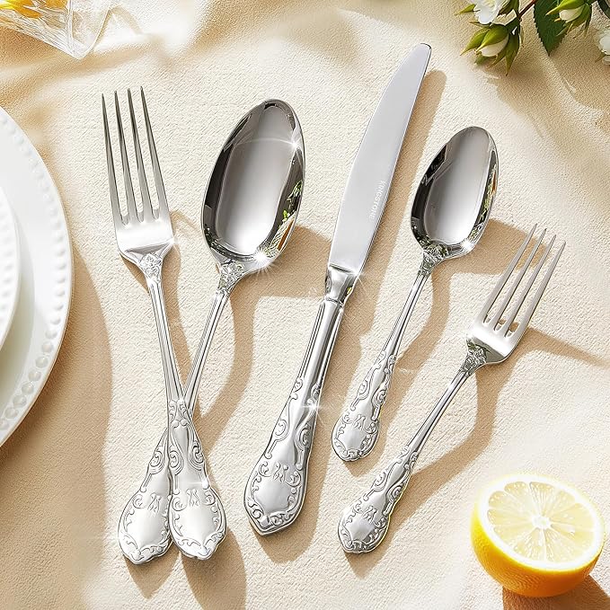 KINGSTONE Vintage Silverware Set, 60-Piece 18/10 Stainless Steel Silverware Set for 12 with Floral Handles, Design Mirror Polished, Utensil Sets for Home Restaurant Wedding,Dishwasher Safe