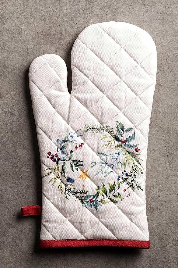 Maison d' Hermine Oven Gloves 100% Cotton Oven Mitt 7" x 13" with Loop Heat Resistant, BBQ, Cooking Gloves, Baking, Grilling, Kitchen, Handling Hot Pans (Pack of 1, Holly Time)