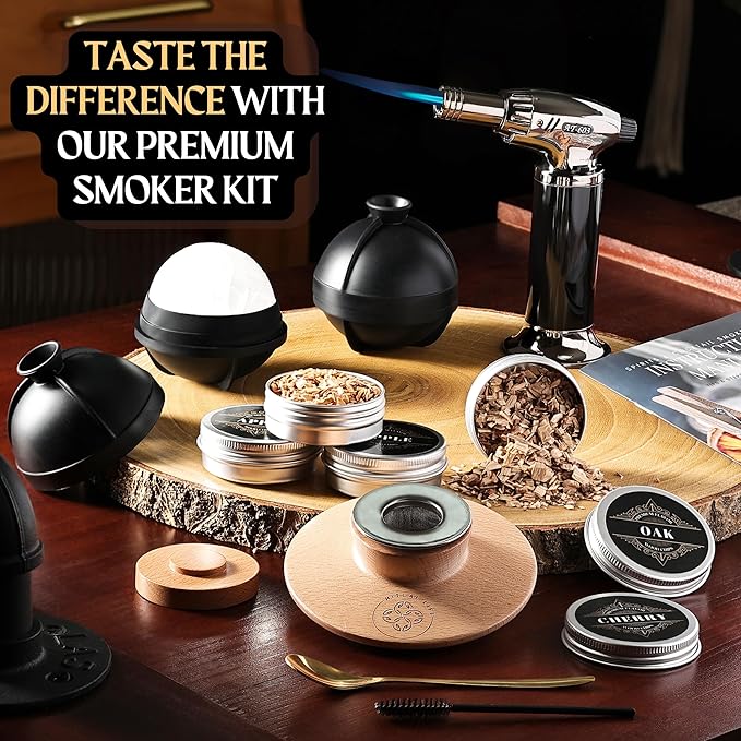 Whiskey Smoker Kit - Cocktail Smoker Kit with Torch, 2 Whiskey Glasses, 2 Ice Ball Makers, 6 Flavors Wood Chips - Old Fashioned Smokers - Bourbon Drink Smoking Set - Whiskey Accessories Gifts for Men